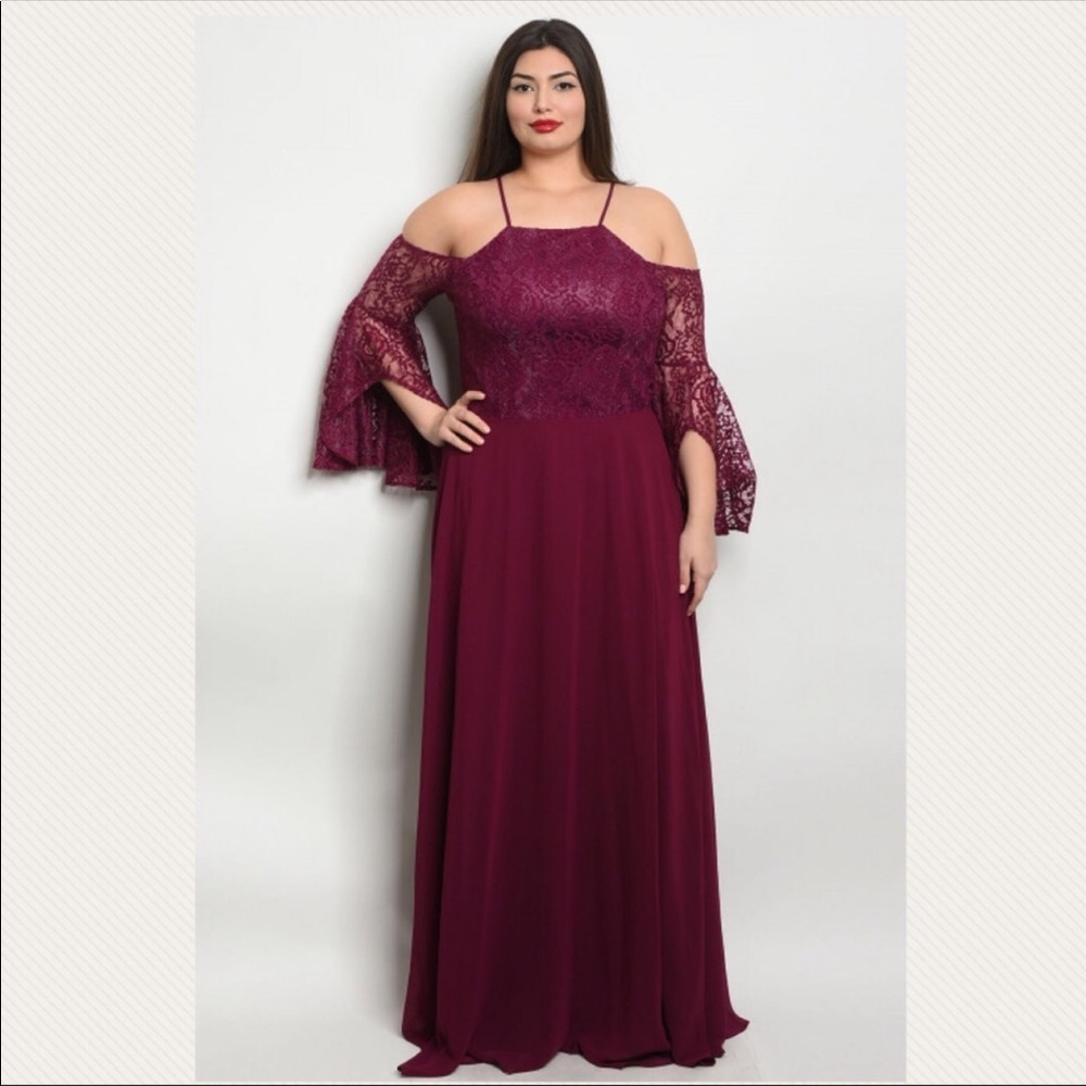 Plus Size Plum Lace Bell Sleeve Formal Gown Dress